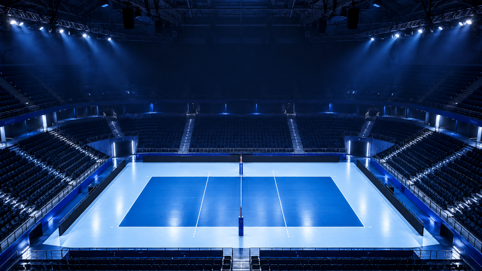 Arena da pallavolo immaginaria in blu e bianco, generata con AI; non è una struttura di Volley Valley