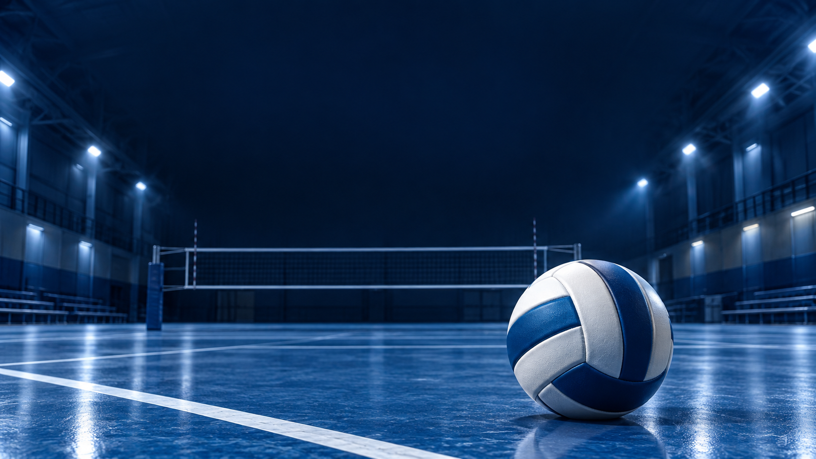 Pallone da pallavolo in primo piano su un campo blu immaginario, generato con AI; non è una struttura di Volley Valley